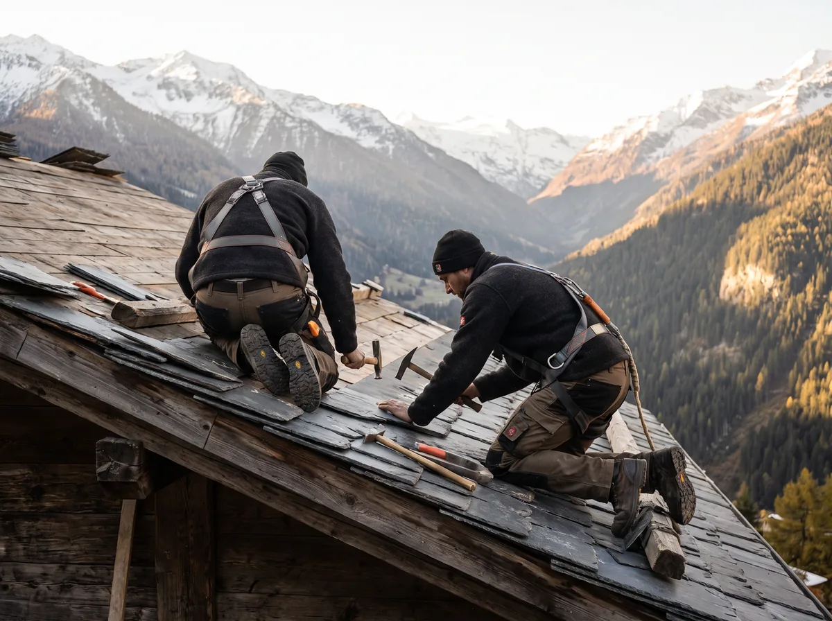 Artisans sur un toit en Valais