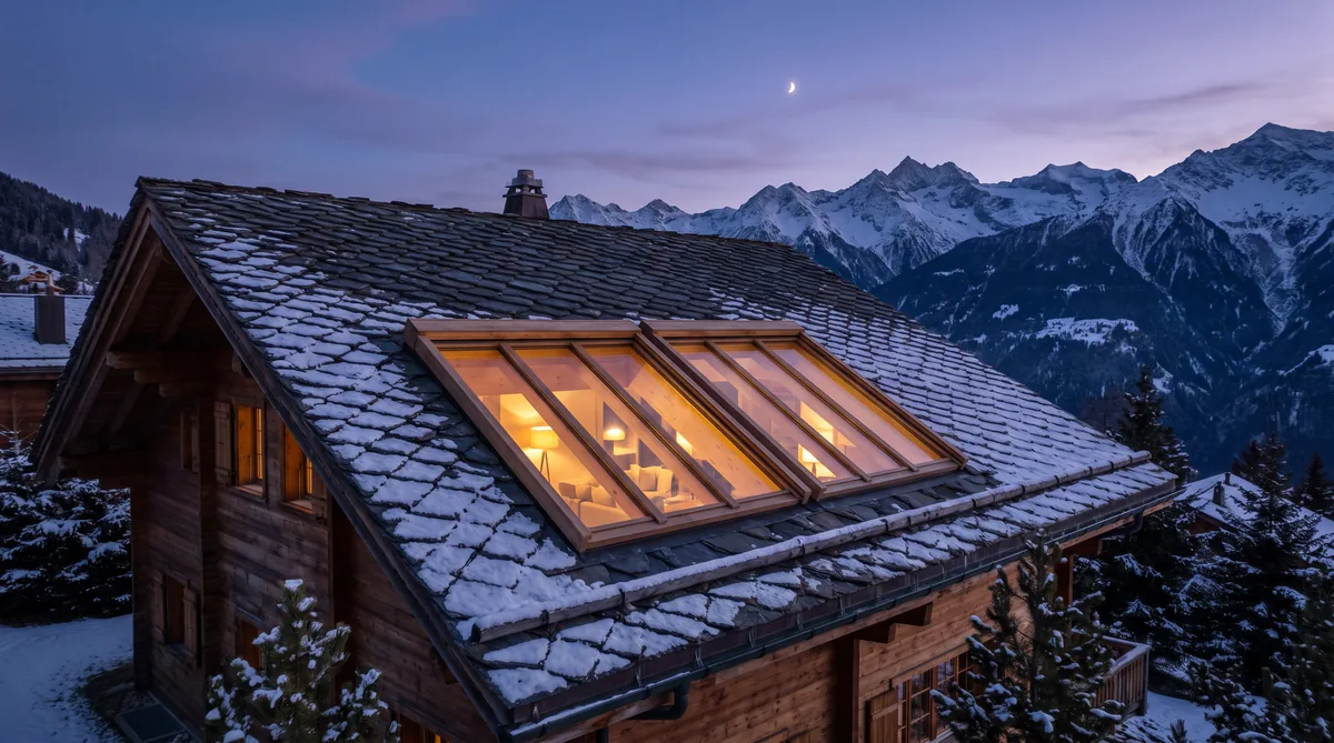 Chalet avec fenêtres de toit Velux au crépuscule